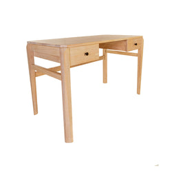 A rubberwood desk with an oak top in a 45 degree product photography shot.