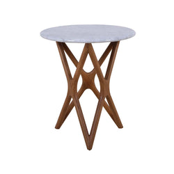 front view image of Marico side table with white marble top on artistic designed diagonal wooden legs