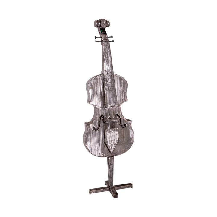 beautifully sculptured (non-playing) double base stringed instrument is uniquely handcrafted from recycled metal oil barrels